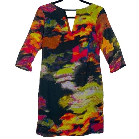 VTG 90’s Watercolor Sheath Tunic Mini Dress With 3/4 Semi Sheer Sleeves Size XS - Picture 1 of 8